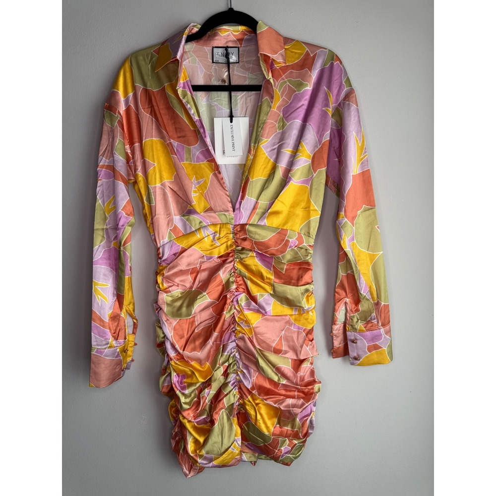 Runaway The Label Akyra Mini Dress Mindy Sage Floral Ruched Satin V-Neck Small